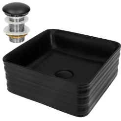 Waschbecken inkl. Ablaufgarnitur Schwarz ohne Überlauf 39x39x15 cm Schwarz aus Keramik ML-Design-ECD Germany Clearance