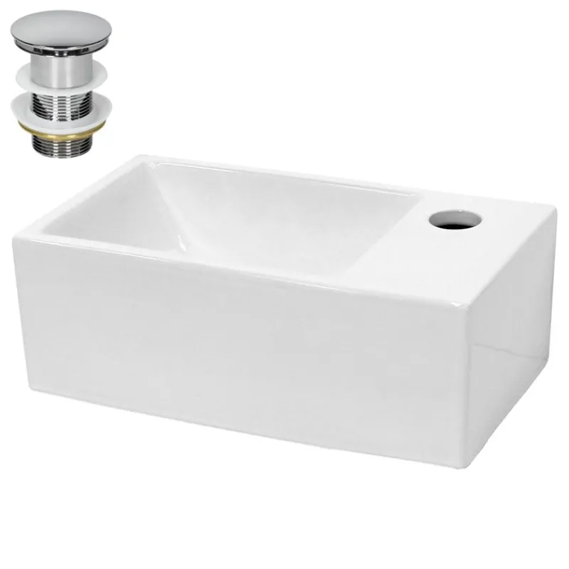 Waschbecken inkl. Ablaufgarnitur Silber ohne Überlauf 35x20,5x12,5 cm Weiß aus Keramik-ECD Germany Discount