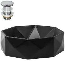 Waschbecken inkl. Ablaufgarnitur Silber ohne Überlauf Ø 42x13,5 cm Schwarz aus Keramik ML-Design-ECD Germany New