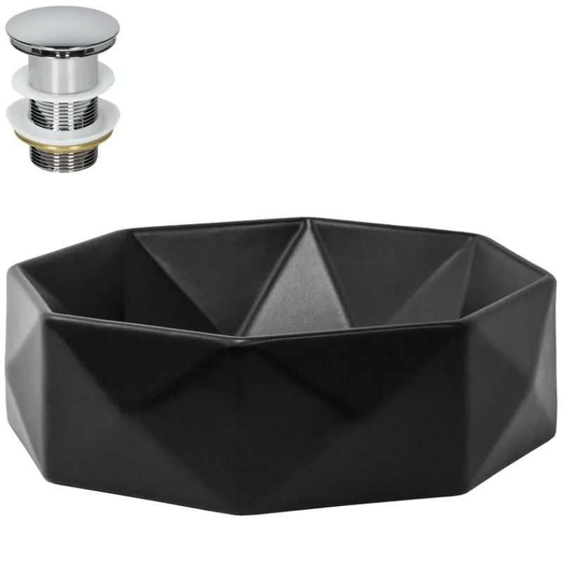 Waschbecken inkl. Ablaufgarnitur Silber ohne Überlauf Ø 42x13,5 cm Schwarz aus Keramik ML-Design-ECD Germany New