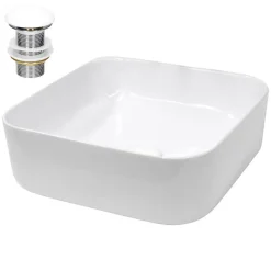 Waschbecken inkl. Ablaufgarnitur Weiß ohne Überlauf 39x39x14 cm Weiß aus Keramik-ECD Germany Discount