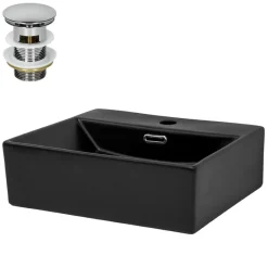 Waschbecken inkl. Ablaufgarnitur Silber mit Überlauf 41,5x36x13 cm Schwarz aus Keramik ML-Design-ECD Germany Online
