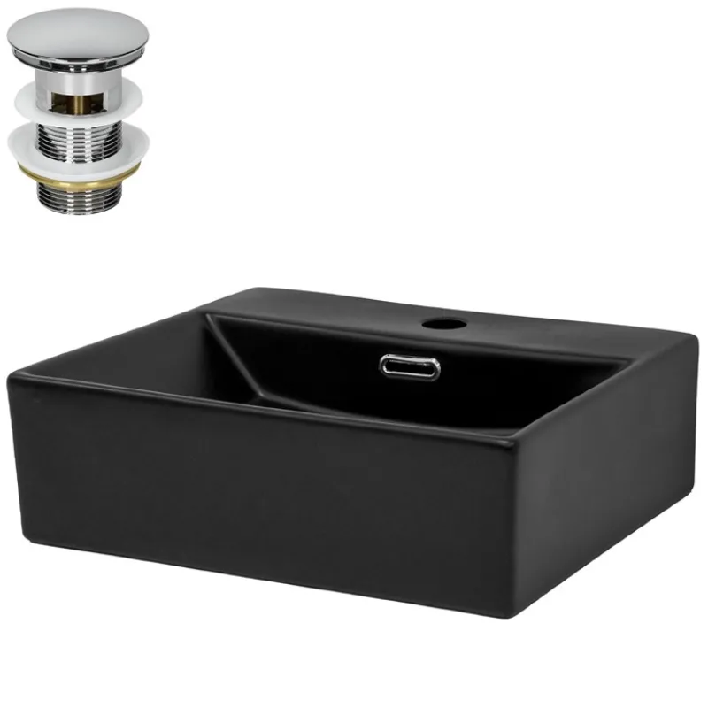 Waschbecken inkl. Ablaufgarnitur Silber mit Überlauf 41,5x36x13 cm Schwarz aus Keramik ML-Design-ECD Germany Online