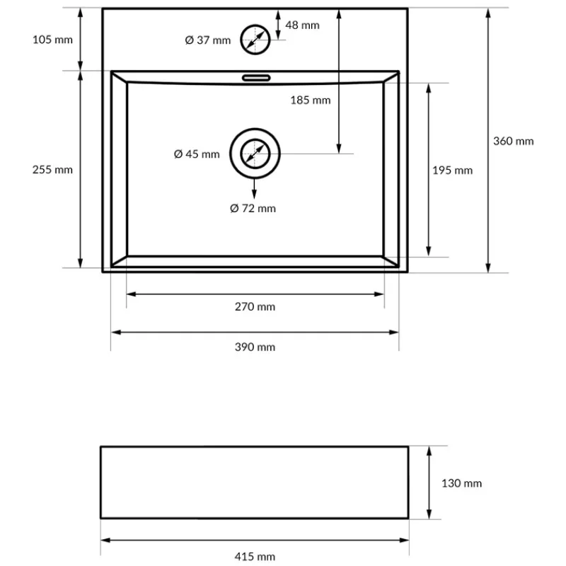 Waschbecken inkl. Ablaufgarnitur Silber mit Überlauf 41,5x36x13 cm Schwarz aus Keramik ML-Design-ECD Germany Online