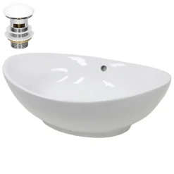 Waschbecken inkl. Ablaufgarnitur Weiß mit Überlauf 59x39x20 cm Weiß aus Keramik-ECD Germany