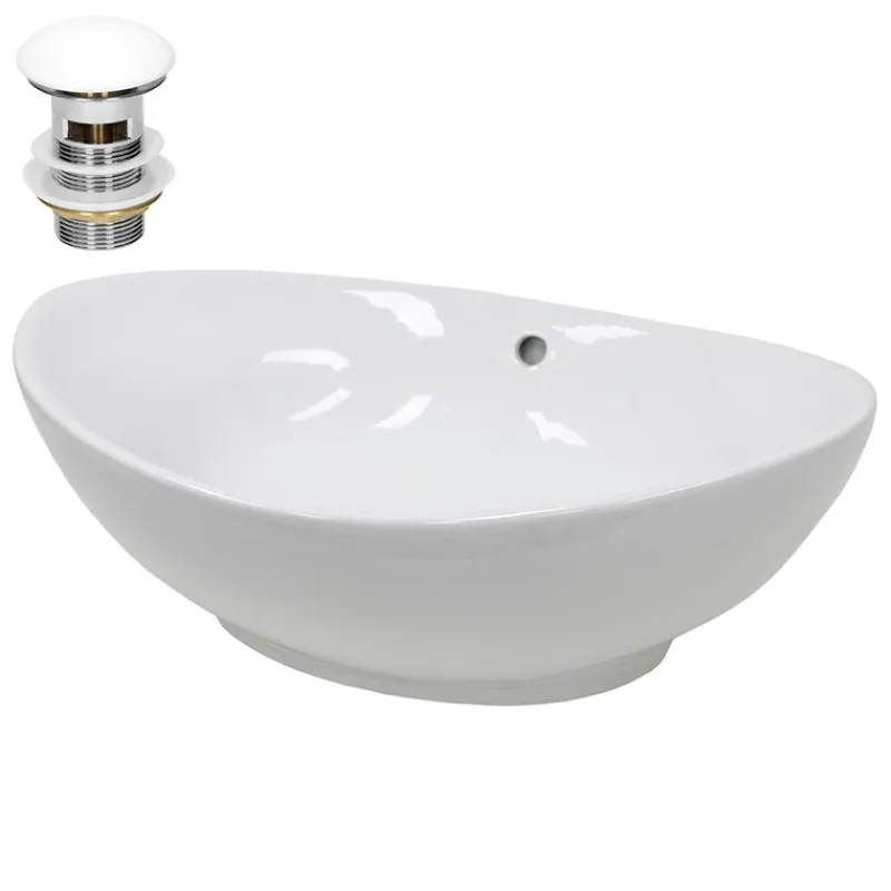 Waschbecken inkl. Ablaufgarnitur Weiß mit Überlauf 59x39x20 cm Weiß aus Keramik-ECD Germany