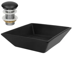 Waschbecken inkl. Ablaufgarnitur Schwarz ohne Überlauf 41x41x12 cm Schwarz aus Keramik ML-Design-ECD Germany New
