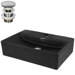 Waschbecken inkl. Ablaufgarnitur Silber mit Überlauf 51,5x36x13 cm Schwarz aus Keramik ML-Design-ECD Germany Clearance