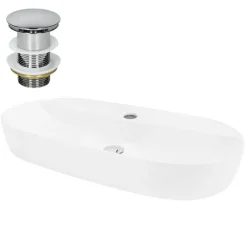 Waschbecken inkl. Ablaufgarnitur Silber ohne Überlauf 80x40x12 cm Weiß aus Keramik ML-Design-ECD Germany Sale