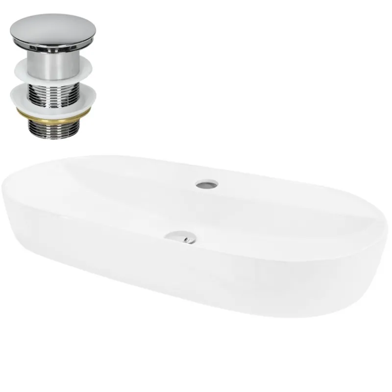 Waschbecken inkl. Ablaufgarnitur Silber ohne Überlauf 80x40x12 cm Weiß aus Keramik ML-Design-ECD Germany Sale