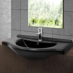 Waschbecken inkl. Ablaufgarnitur Schwarz  mit Überlauf 87x50,5x22,5 cm Schwarz matt aus Keramik ML-Design-ECD Germany Discount