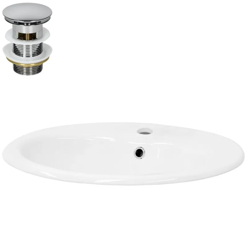 Waschbecken inkl. Ablaufgarnitur Silber mit Überlauf 57x48,5x19,5 cm Weiß aus Keramik ML-Design-ECD Germany Discount