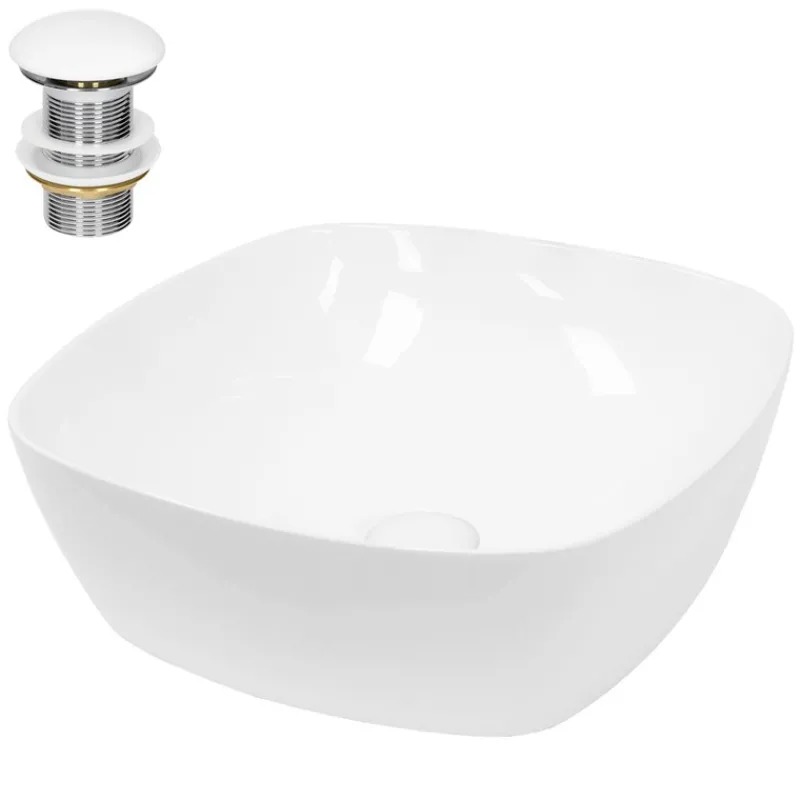 Waschbecken inkl. Ablaufgarnitur Weiß ohne Überlauf Ø 40,5x14 cm Weiß aus Keramik-ECD Germany New