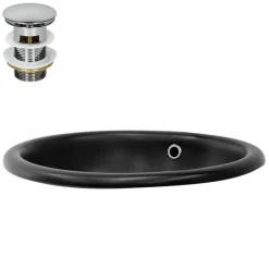 Waschbecken inkl. Ablaufgarnitur Silber mit Überlauf 49x40,5x19,5 cm Schwarz matt aus Keramik ML-Design-ECD Germany