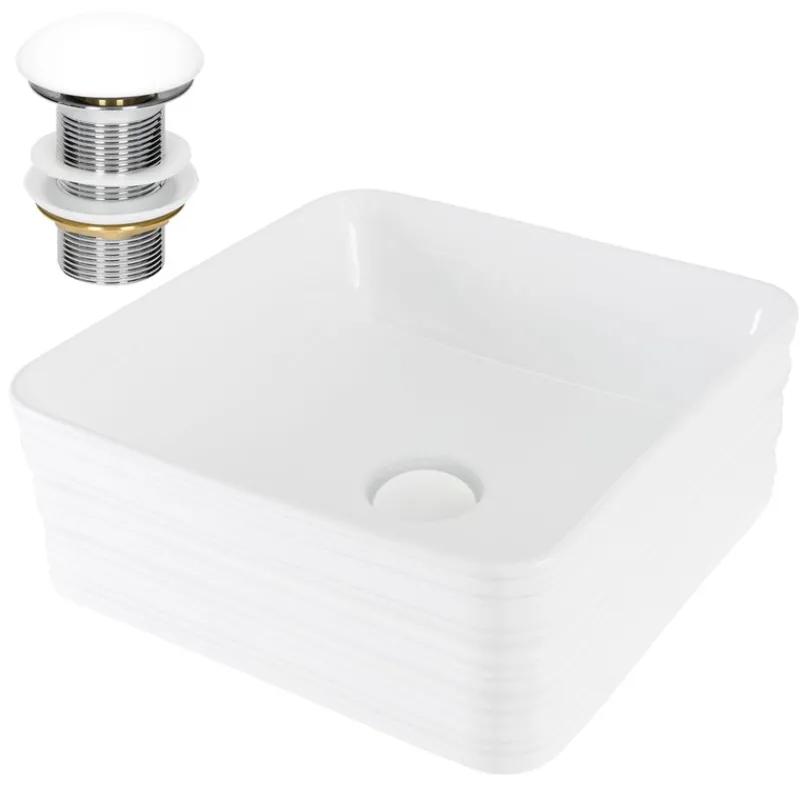 Waschbecken inkl. Ablaufgarnitur Weiß ohne Überlauf 39x39x15 cm Weiß aus Keramik ML-Design-ECD Germany Best