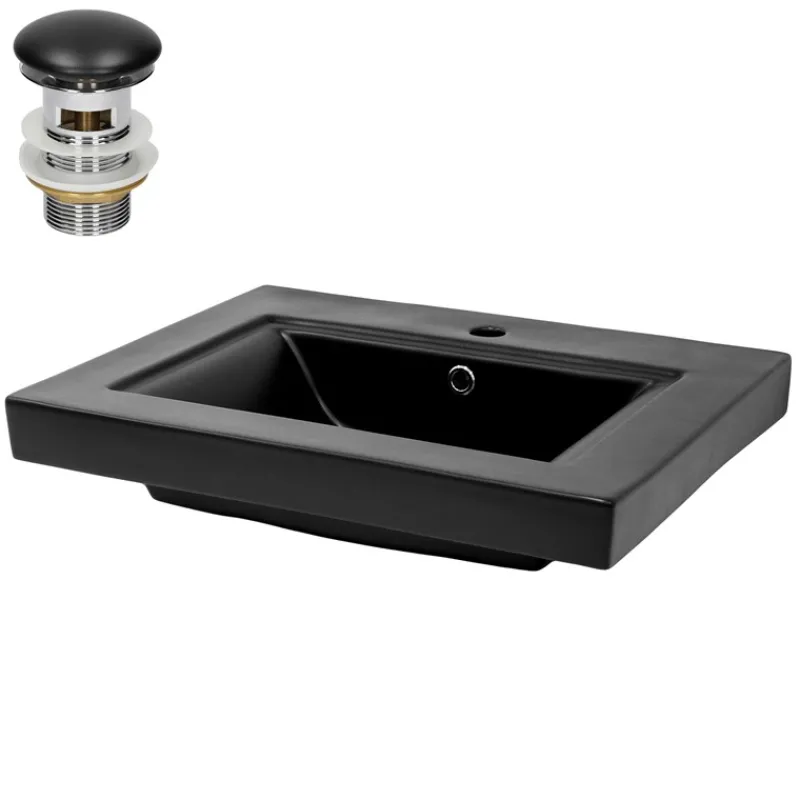 Waschbecken inkl. Ablaufgarnitur mit Überlauf 61x46,5x15,5 mm Schwarz matt aus Keramik ML-Design-ECD Germany Discount