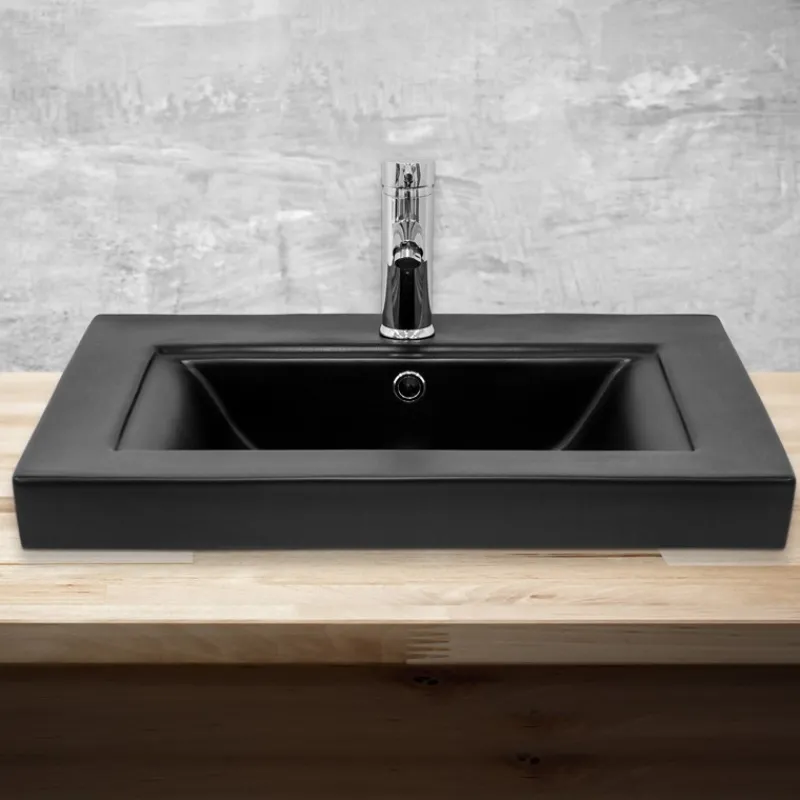 Waschbecken inkl. Ablaufgarnitur mit Überlauf 61x46,5x15,5 mm Schwarz matt aus Keramik ML-Design-ECD Germany Discount