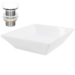 Waschbecken inkl. Ablaufgarnitur Weiß ohne Überlauf 41x41x12 cm Weiß aus Keramik ML-Design-ECD Germany Outlet