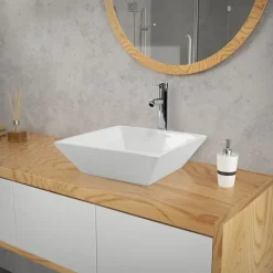 Waschbecken inkl. Ablaufgarnitur Weiß ohne Überlauf 41x41x12 cm Weiß aus Keramik ML-Design-ECD Germany Outlet