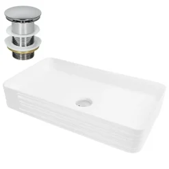 Waschbecken inkl. Ablaufgarnitur Silber ohne Überlauf 68x38x12 cm Weiß aus Keramik ML-Design-ECD Germany Hot