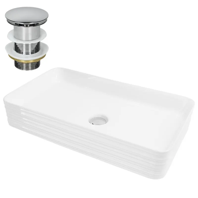 Waschbecken inkl. Ablaufgarnitur Silber ohne Überlauf 68x38x12 cm Weiß aus Keramik ML-Design-ECD Germany Hot