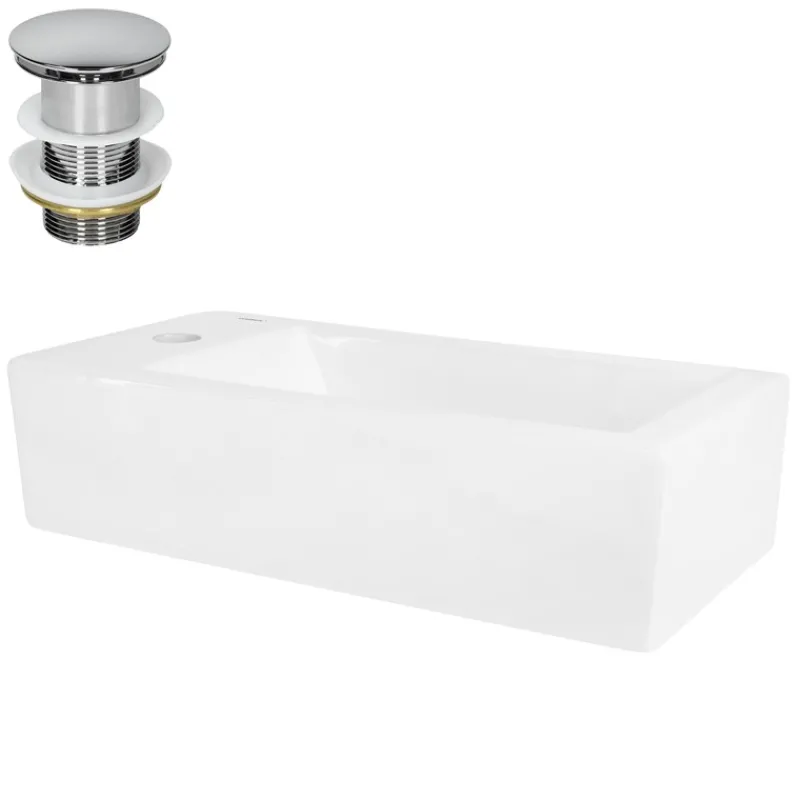 Waschbecken inkl. Ablaufgarnitur Silber ohne Überlauf 51x25x13 cm Weiß aus Keramik Rechtsbündig ML-Design-ECD Germany Hot