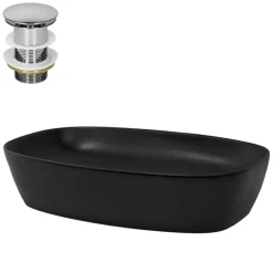 Waschbecken inkl. Ablaufgarnitur Silber ohne Überlauf 60,5x38,5x14 cm Schwarz aus Keramik ML-Design-ECD Germany