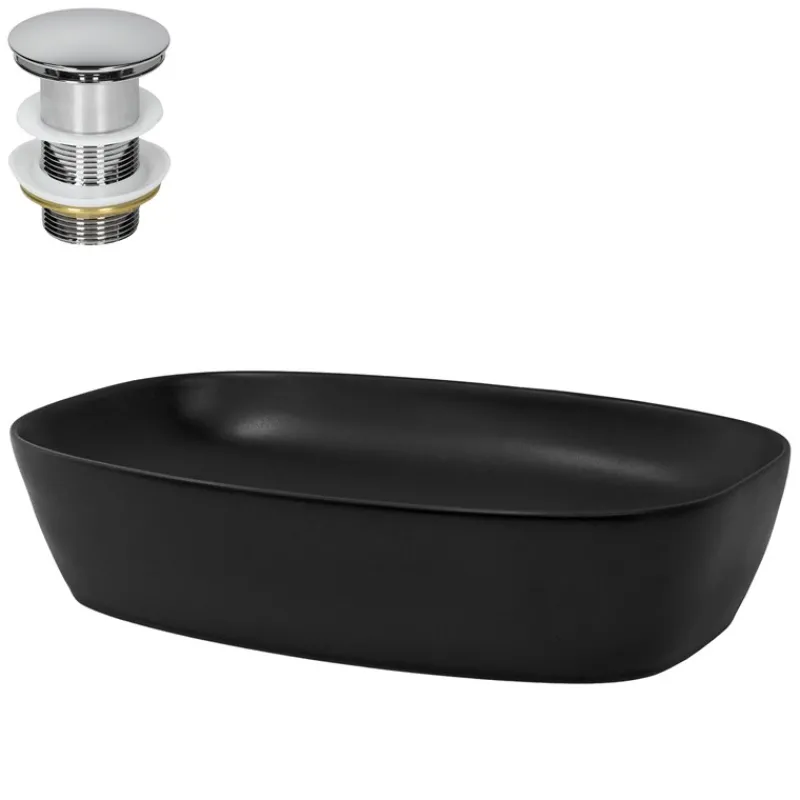 Waschbecken inkl. Ablaufgarnitur Silber ohne Überlauf 60,5x38,5x14 cm Schwarz aus Keramik ML-Design-ECD Germany