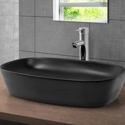 Waschbecken inkl. Ablaufgarnitur Silber ohne Überlauf 60,5x38,5x14 cm Schwarz aus Keramik ML-Design-ECD Germany