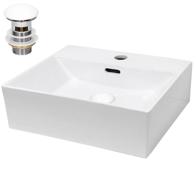 Waschbecken inkl. Ablaufgarnitur Weiß mit Überlauf 41,5x36x13 cm Weiß aus Keramik-ECD Germany Hot