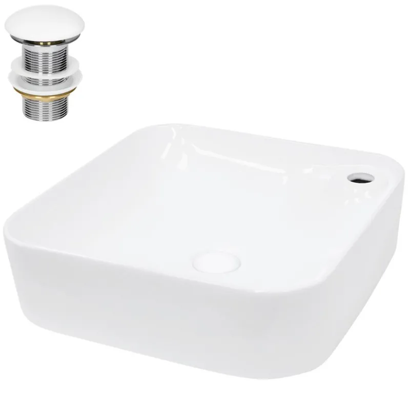 Waschbecken inkl. Ablaufganitur Weiß ohne Überlauf 43,5x43,5x12,5 cm Weiß aus Keramik-ECD Germany New