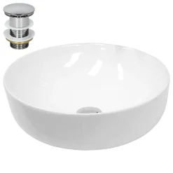 Waschbecken inkl. Ablaufgarnitur Silber ohne Überlauf Ø 40x13,5 cm Weiß aus Keramik-ECD Germany Best