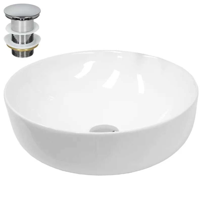 Waschbecken inkl. Ablaufgarnitur Silber ohne Überlauf Ø 40x13,5 cm Weiß aus Keramik-ECD Germany Best