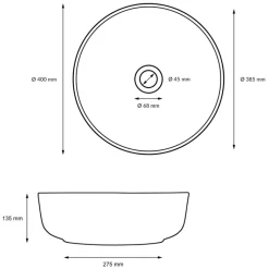 Waschbecken inkl. Ablaufgarnitur Silber ohne Überlauf Ø 40x13,5 cm Weiß aus Keramik-ECD Germany Best