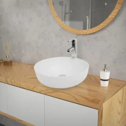 Waschbecken inkl. Ablaufgarnitur Silber ohne Überlauf Ø 40x13,5 cm Weiß aus Keramik-ECD Germany Best