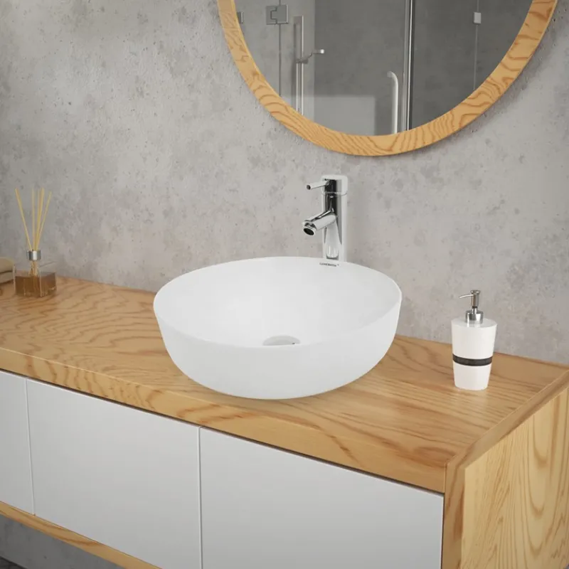 Waschbecken inkl. Ablaufgarnitur Silber ohne Überlauf Ø 40x13,5 cm Weiß aus Keramik-ECD Germany Best