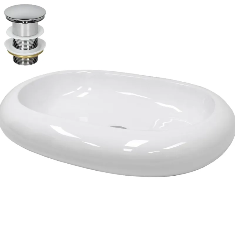 Waschbecken inkl. Ablaufgarnitur Silber ohne Überlauf 63x42x12 cm Weiß aus Keramik-ECD Germany Outlet