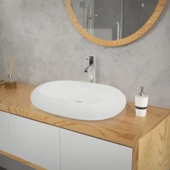 Waschbecken inkl. Ablaufgarnitur Silber ohne Überlauf 63x42x12 cm Weiß aus Keramik-ECD Germany Outlet