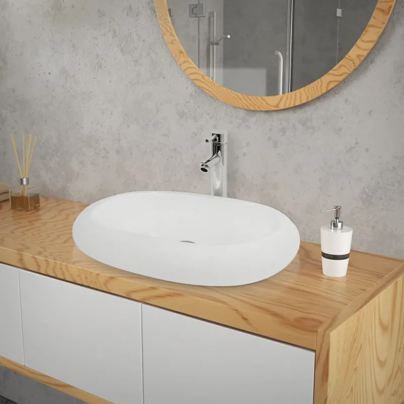 Waschbecken inkl. Ablaufgarnitur Silber ohne Überlauf 63x42x12 cm Weiß aus Keramik-ECD Germany Outlet