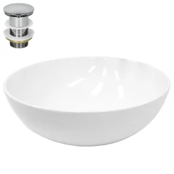 Waschbecken inkl. Ablaufgarnitur Silber ohne Überlauf Ø 40x14,7 cm Weiß aus Keramik-ECD Germany Online