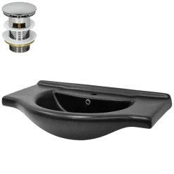 Waschbecken inkl. Ablaufgarnitur Silber mit Überlauf 87x50,5x22,5 cm Schwarz matt aus Keramik ML-Design-ECD Germany Discount