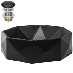 Waschbecken inkl. Ablaufgarnitur Schwarz ohne Überlauf Ø 42x13,5 cm Schwarz aus Keramik ML-Design-ECD Germany Sale