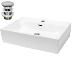 Waschbecken inkl. Ablaufgarnitur mit Überlauf 60,5x36x13 cm Weiß aus Keramik-ECD Germany New