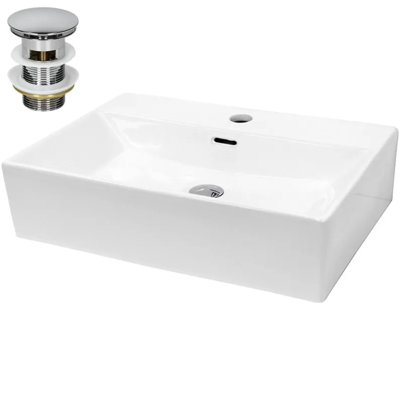 Waschbecken inkl. Ablaufgarnitur mit Überlauf 60,5x36x13 cm Weiß aus Keramik-ECD Germany New