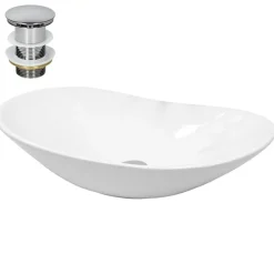 Waschbecken inkl. Ablaufgarnitur Silber ohne Überlauf 64x36,5x13 cm Weiß aus Keramik-ECD Germany