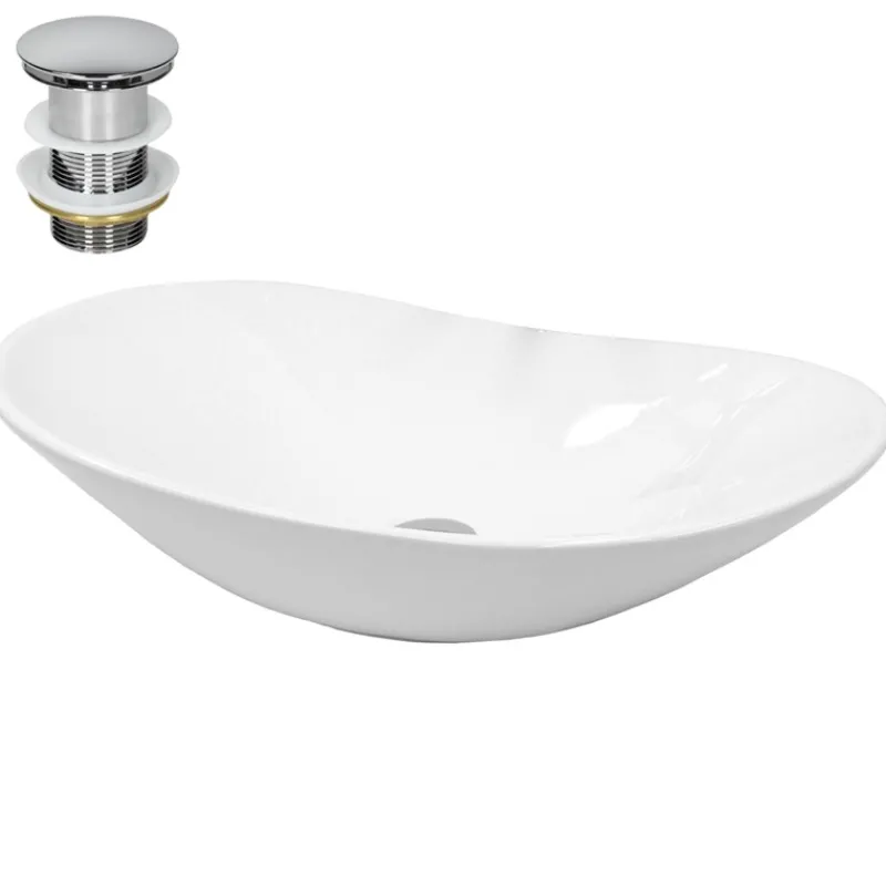 Waschbecken inkl. Ablaufgarnitur Silber ohne Überlauf 64x36,5x13 cm Weiß aus Keramik-ECD Germany