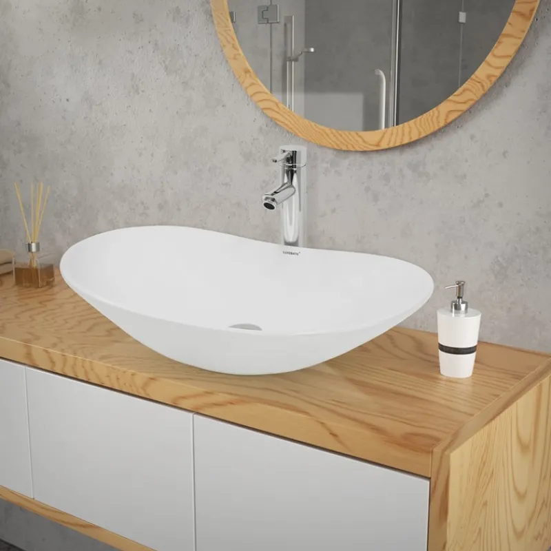 Waschbecken inkl. Ablaufgarnitur Silber ohne Überlauf 64x36,5x13 cm Weiß aus Keramik-ECD Germany