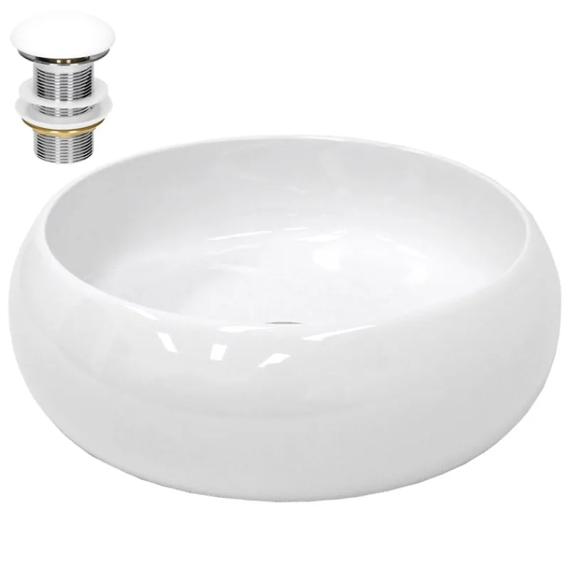 Waschbecken inkl. Ablaufgarnitur Weiß ohne Überlauf Ø 35x12 cm Weiß aus Keramik-ECD Germany Discount