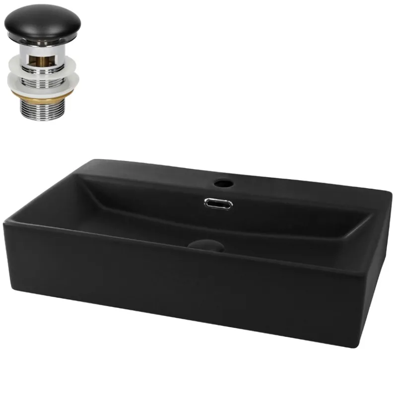 Waschbecken inkl. Ablaufgarnitur Schwarz mit Überlauf 60,5x36,5x13 cm Schwarz aus Keramik ML-Design-ECD Germany Clearance