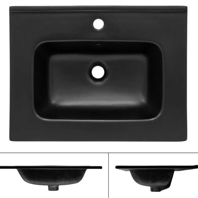 Waschbecken inkl. Ablaufgarnitur Schwarz mit Überlauf 61x46x16,5 cm Schwarz aus Keramik ML-Design-ECD Germany Best